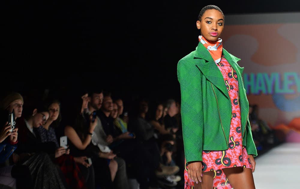 A model walks the runway for the Hayley Elsaesser collection during Toronto fashion week in Toronto