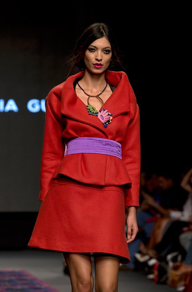 A model wears a creation from the Ana Maria Guiulfo autumn/winter collection during Fashion Week in Lima, Peru.