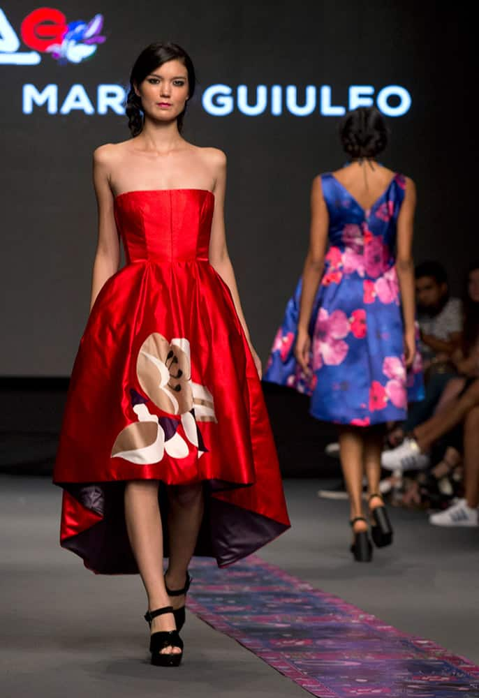 A model wears a creation from the Ana Maria Guiulfo autumn/winter collection during Fashion Week in Lima, Peru.