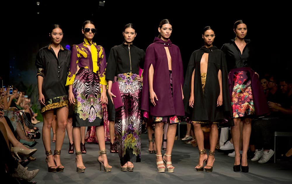 Models wear creations from the Gerardo Privat autumn/winter collection during Fashion Week in Lima, Peru.