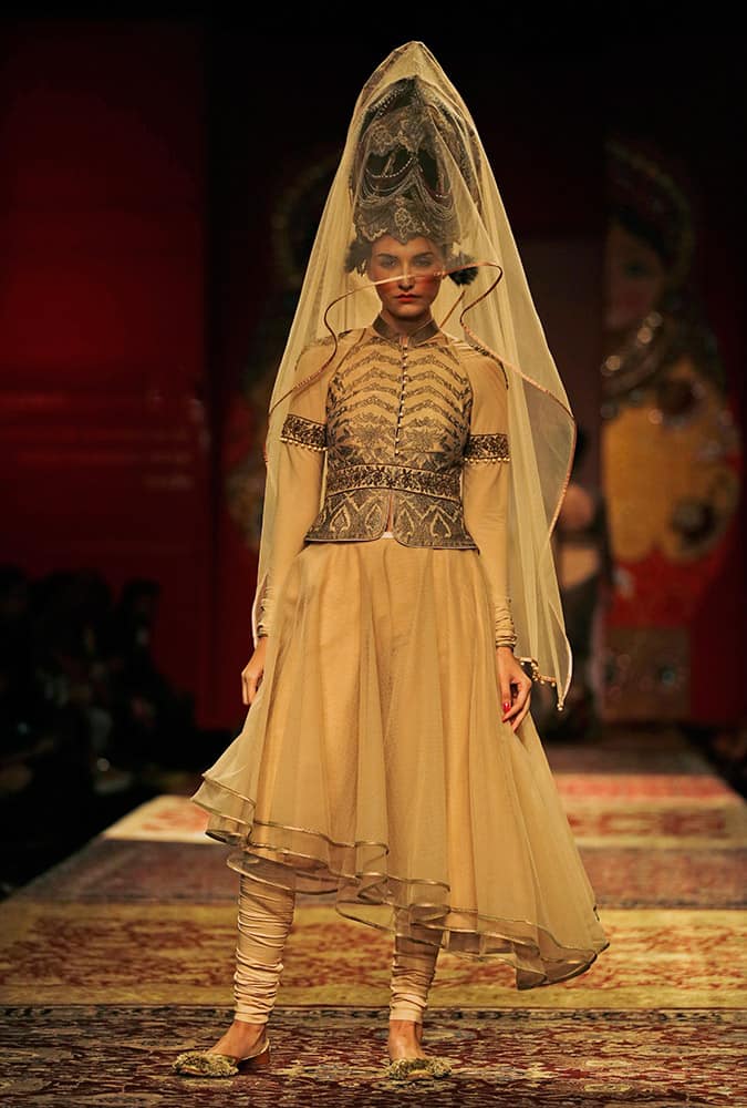 A model displays a creation by JJ Valaya during the Amazon India Fashion Week in New Delhi.