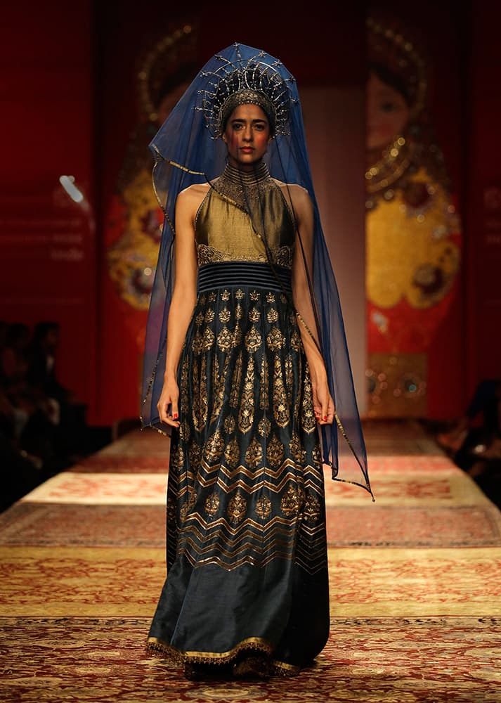 A model displays a creation by JJ Valaya during the Amazon India Fashion Week in New Delhi.