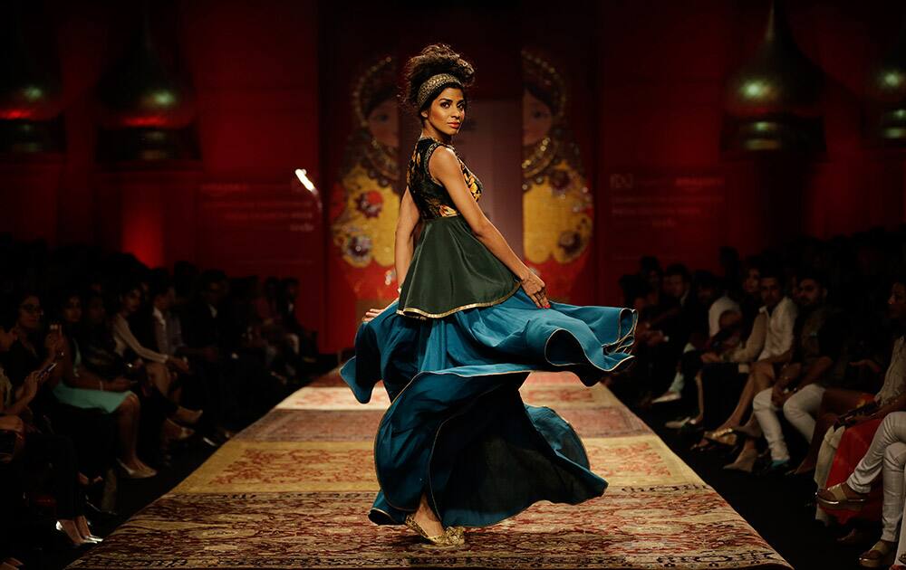 A model displays a creation by JJ Valaya during the Amazon India Fashion Week in New Delhi.