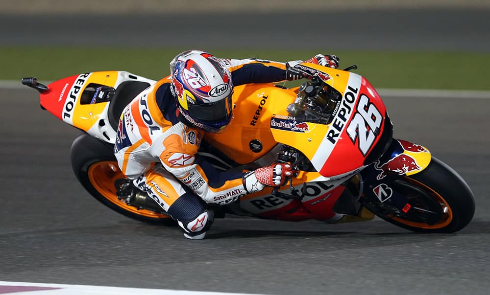 Spanish MotoGP rider Dani Pedrosa steers his bike during a free practice session of the MotoGP World Championship at the Losail International Circuit in Doha, Qatar.