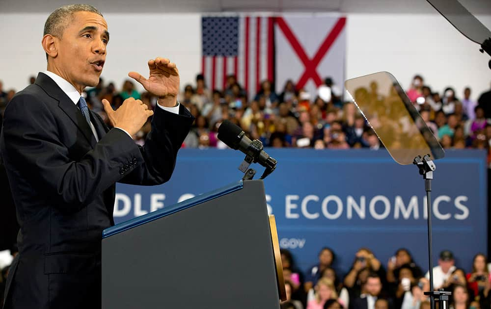 President Barack Obama speaks about the economy and payday lending, at Lawson State Community College in Birmingham, Ala.