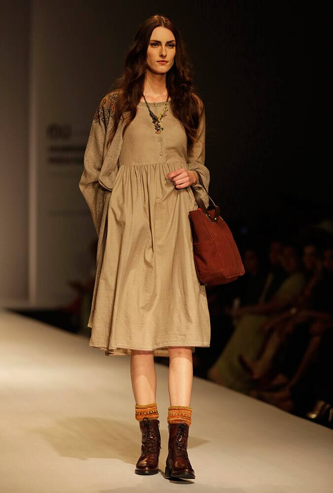 A model displays an Eka creation during the Amazon India Fashion Week in New Delhi.