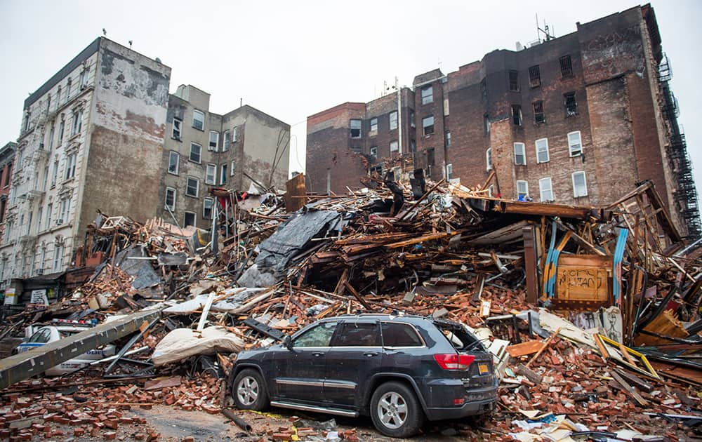 A pile of debris remains at the site of a building explosion in the East Village neighborhood of New York.