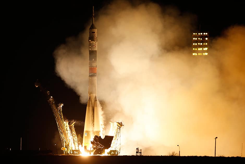 The Soyuz-FG rocket booster with Soyuz TMA-16M space ship carrying a new crew to the International Space Station, ISS, blasts off at the Russian leased Baikonur cosmodrome, Kazakhstan.