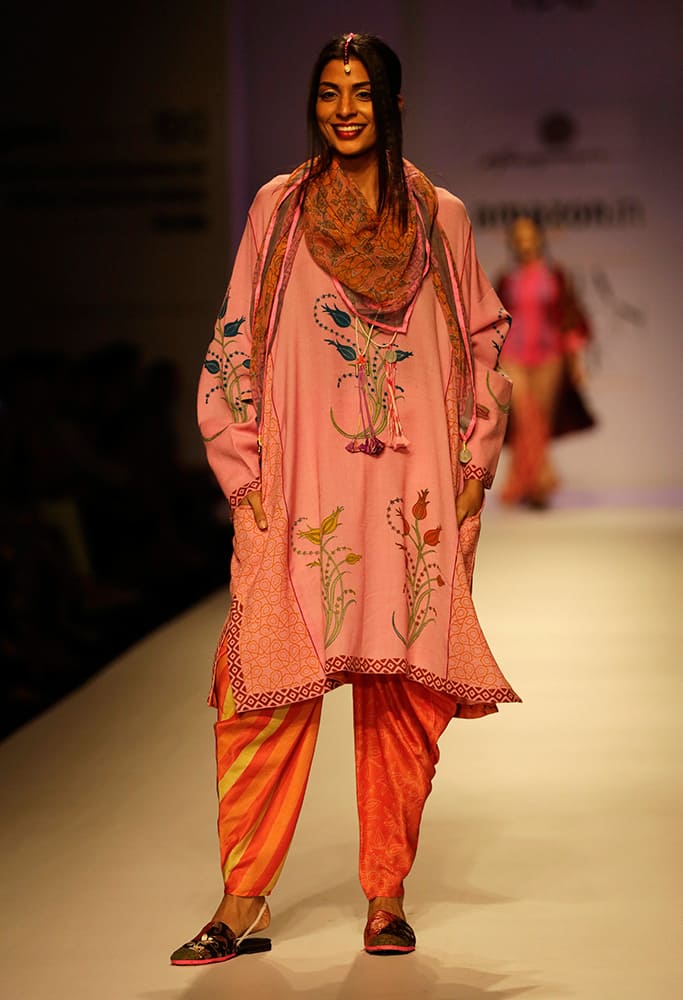 A model displays a creation by Anupama Dayal during the Amazon India Fashion Week in New Delhi.