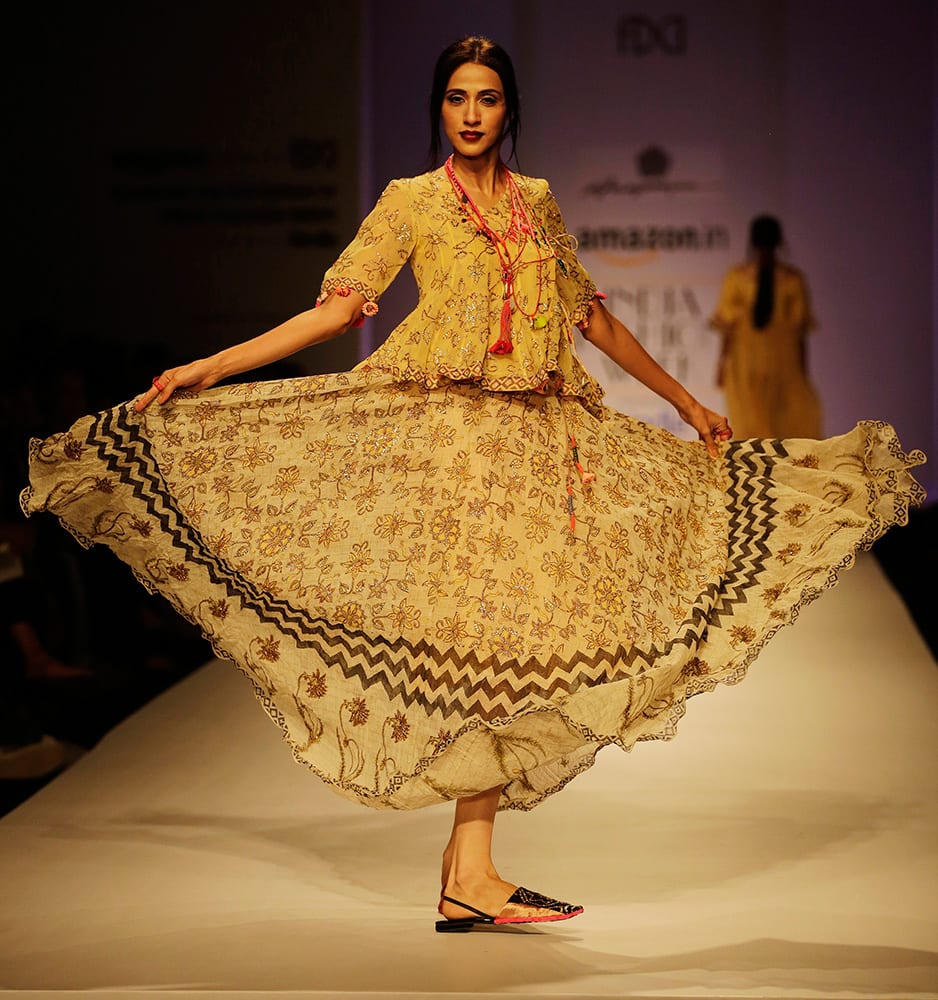 A model displays a creation by Anupama Dayal during the Amazon India Fashion Week in New Delhi.