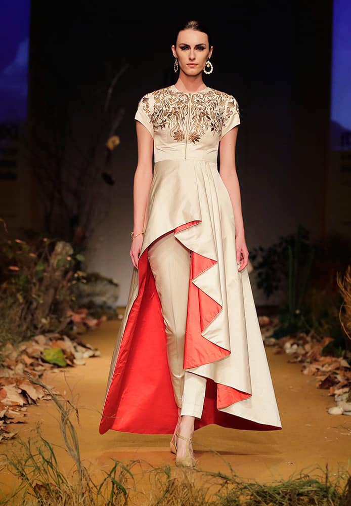 A model displays a creation by Samant Chauhan during the Amazon India Fashion Week in New Delhi.