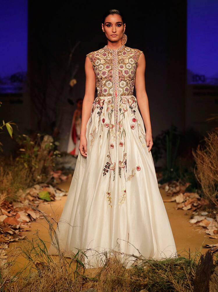 A model displays a creation by Samant Chauhan during the Amazon India Fashion Week in New Delhi.