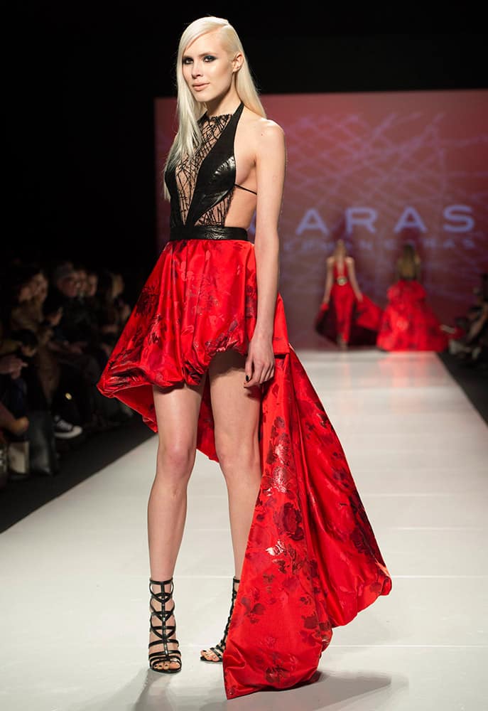 A model walks the runway in the Stephan Caras show during Toronto fashion week in Toronto.