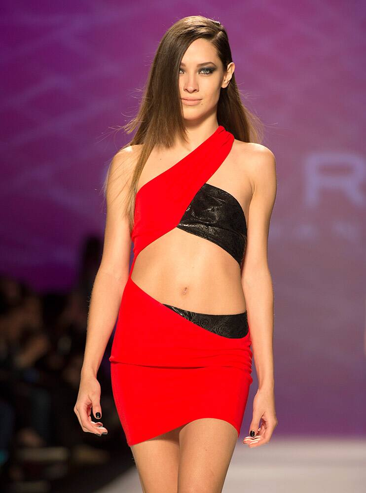 A model walks the runway in the Stephan Caras show during Toronto fashion week in Toronto.