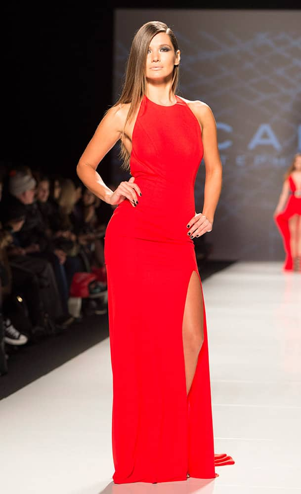 A model walks the runway in the Stephan Caras show during Toronto fashion week in Toronto.