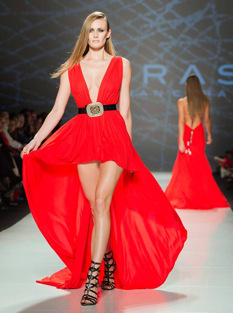 A model walks the runway in the Stephan Caras show during Toronto fashion week in Toronto.