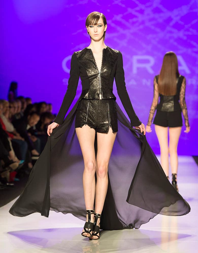 A model walks the runway in the Stephan Caras show during Toronto fashion week in Toronto.