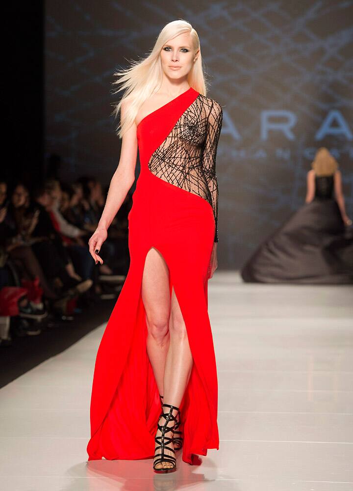 A model walks the runway in the Stephan Caras show during Toronto fashion week in Toronto.