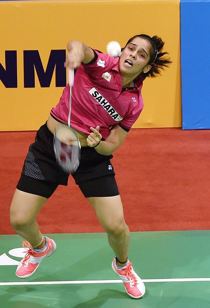 Saina Nehwal plays a shot against Japans Yui Hashimoto during the Semi final (women single) match for the Yonex Sunrise India Open 2015 in New Delhi. Saina becomes the first Indian woman to be world no. 1, enters India Open final.