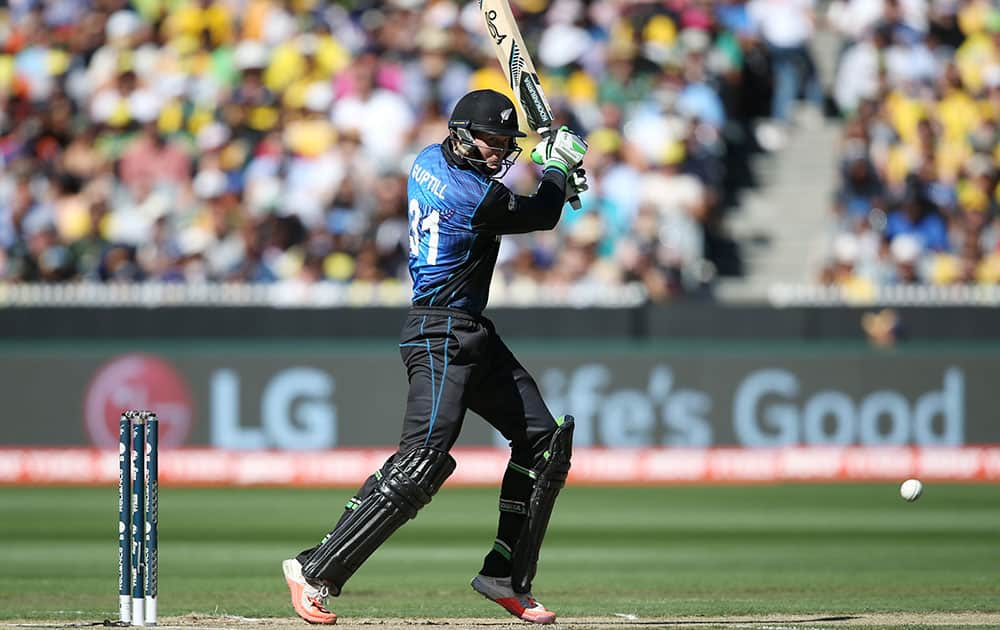 New Zealand’s Martin Guptill plays a shot while batting against Australia during the Cricket World Cup final in Melbourne, Australia.