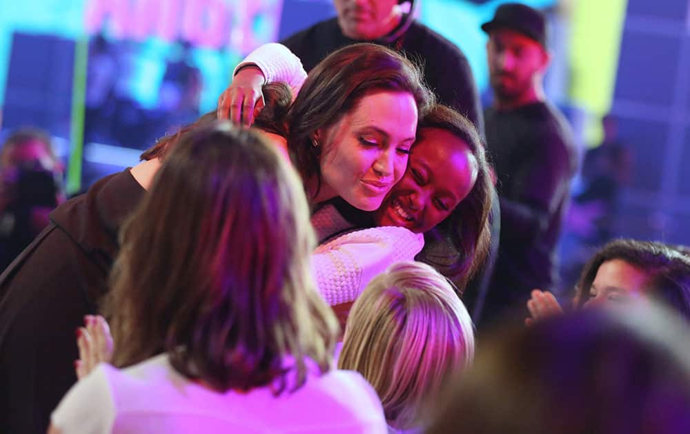 Angelina Jolie is seen in the audience at Nickelodeon's 28th annual Kids' Choice Awards at The Forum in Inglewood, Calif.