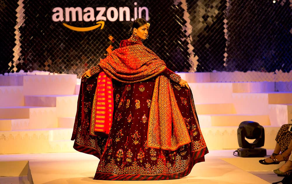 A model displays creation of Indian designer Rohit Bal during the grand finale of Amazon India fashion Week.