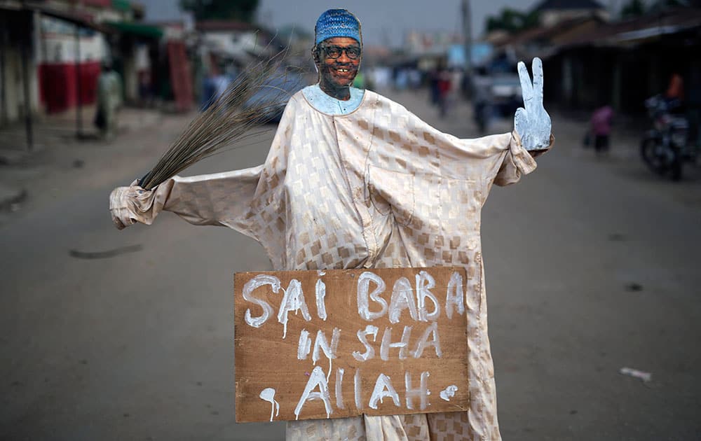 A puppet showing Presidential challenger Muhammadu Buhari is set at an intersection in Kaduna, Nigeria.