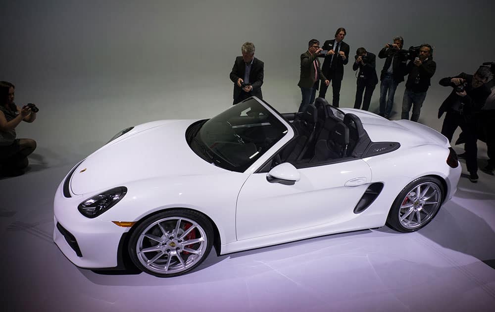 The Porsche Boxster Spyder is photographed during a debut at the New York International Auto Show.