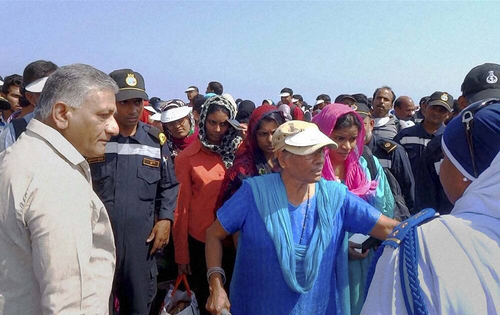 MoS for External Affairs Gen (retd) V K Singh with the Indian nationals after they were evacuated from Aden (Yemen) to Djibouti.