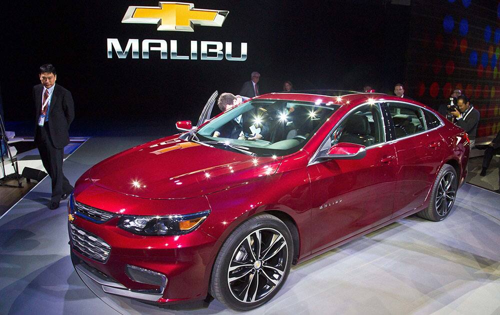 The 2016 Chevrolet Malibu Hybrid, which uses technology from the Chevrolet Volt, is introduced at the New York International Auto Show.
