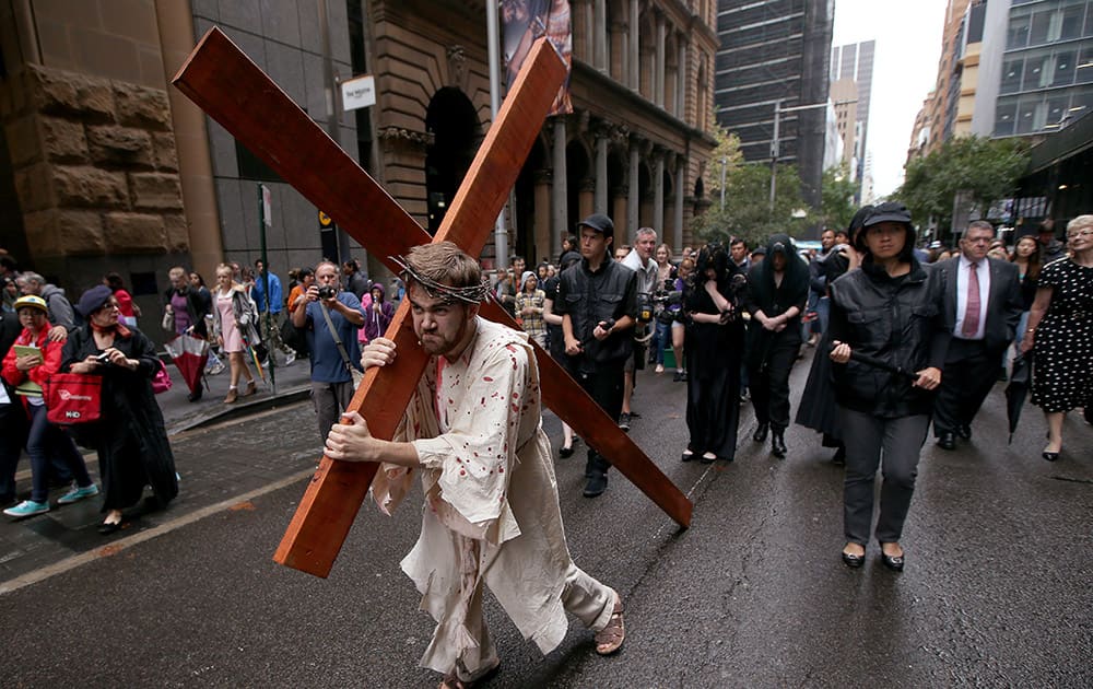 Brendan Paul plays the part of Jesus during a re-enactment of the crucifixion of Christ in Sydney.