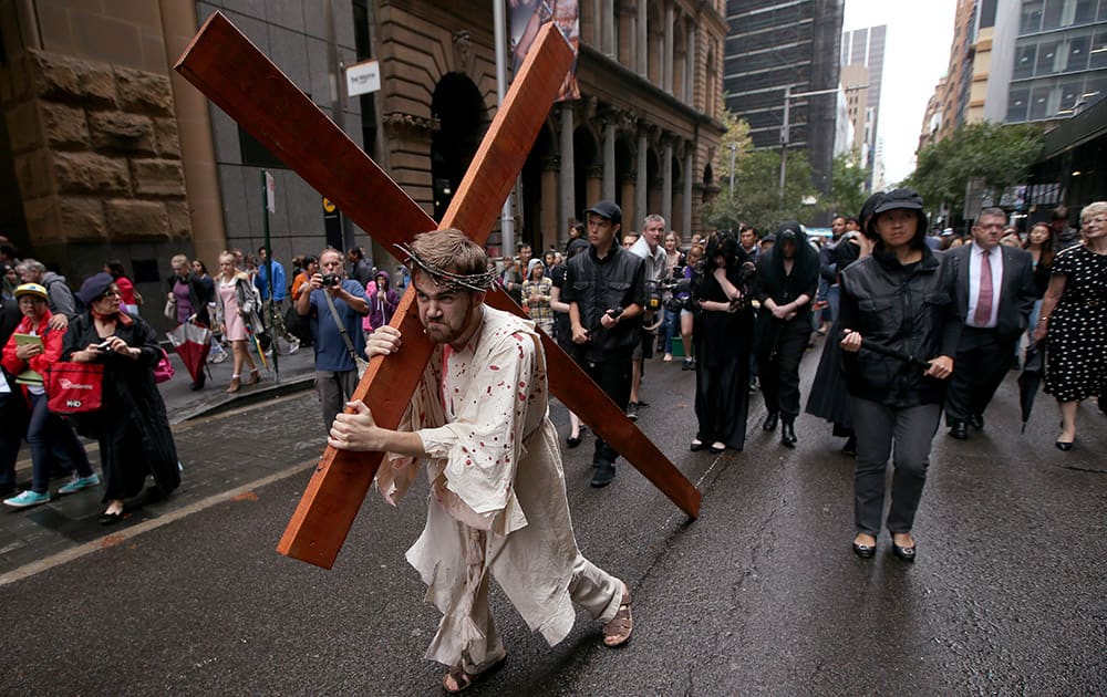 Brendan Paul plays the part of Jesus during a re-enactment of the crucifixion of Christ in Sydney.