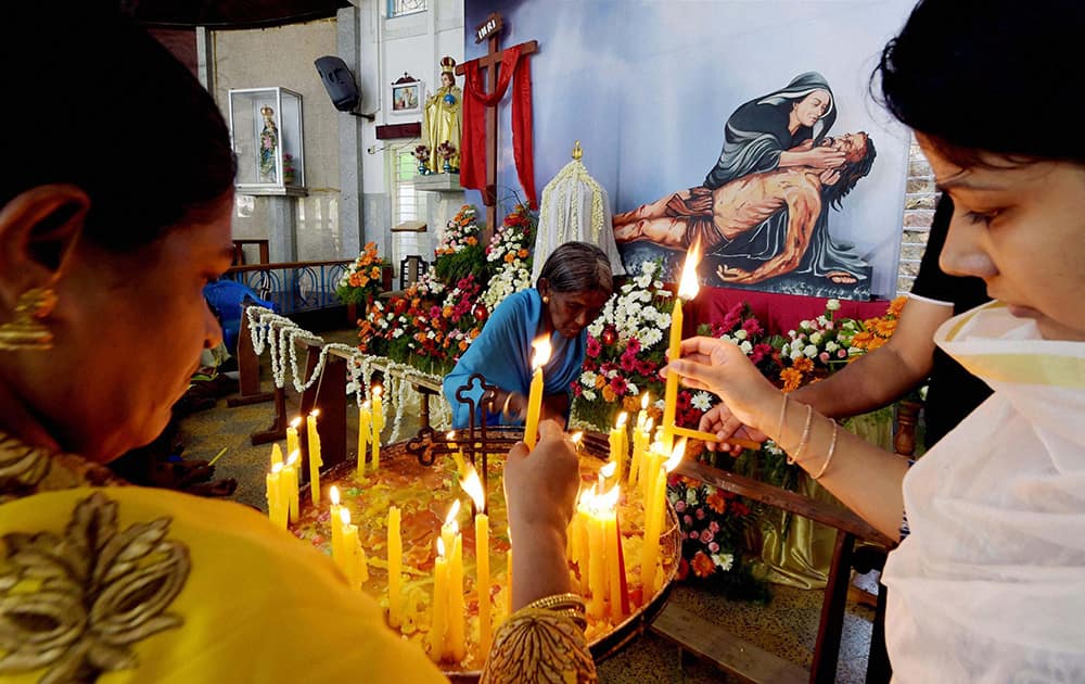 Christian devotees offer prayers at Little Mount Church in Chennai on the occasion of Good Friday. 