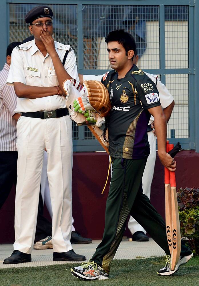 Kolkata Knight Riders (KKR) captain Gautam Gambhir arrives in the field for training session at Eden Garden in Kolkata.