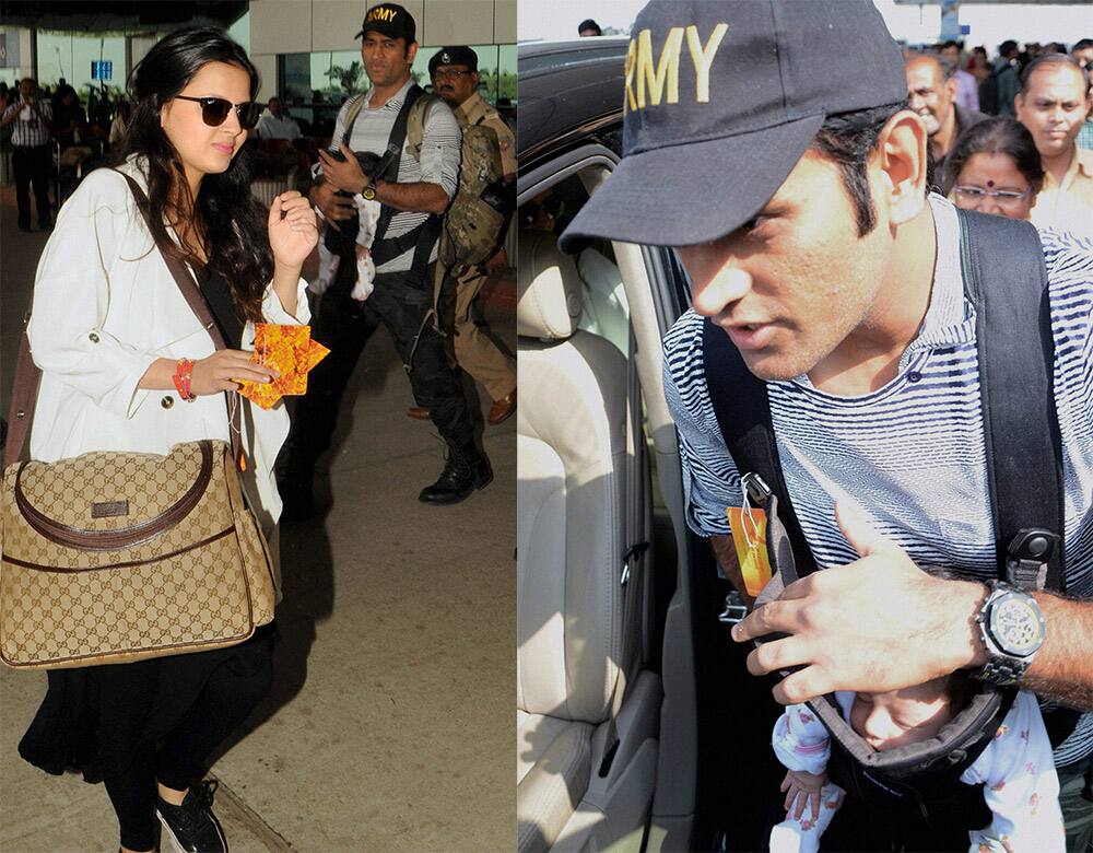 Mahendra Singh Dhoni, his newly born daughter, and his wife Sakshi on their arrival at Birsa Munda International Airport at Hinoo in Ranchi.