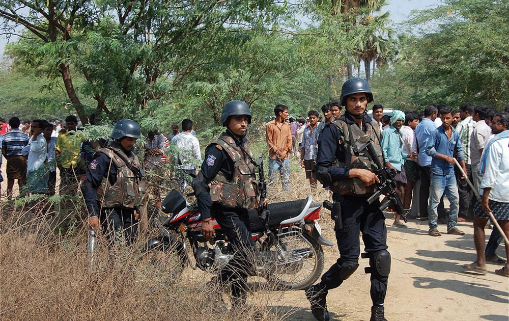 Commandos after the encounter with Suryapet shootout offenders at Janakipuram near Mothkuru mandal of Nalgonda district. Both the assailants were killed in the encounter.