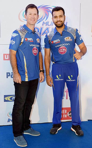 Mumbai Indians chief coach Ricky Ponting and captain Rohit Sharma during a press conference in Mumbai.