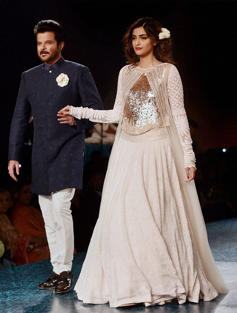 Bollywood actor Anil Kapoor with his daughter actress Sonam Kapoor during fashion show 2015 for Shabana Azmis Mijwan Welfare society in Mumbai.