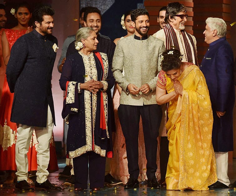 Bollywood actors Amitabh Bachchan, Jaya Bachchan, Anil Kapoor, Farhan Akhtar, Shabana Azmi walk the ramp during fashion show 2015 for Shabana Azmis Mijwan Welfare.