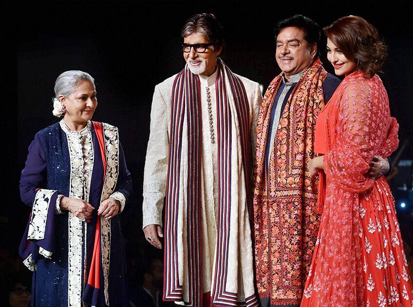 Bollywood actor Amitabh Bachchan with wife Jaya Bachchan, Shatrughan Sinha and Sonakshi Sinha walk the ramp during fashion show 2015 for Shabana Azmis Mijwan Welfare Society in Mumbai.