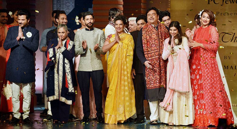 Anil Kapoor, Jaya Bachchan, Farhan Akhtar, Shabana Azmi, Shatrughan Sinha and Sonakshi Sinha walk the ramp during fashion show 2015 for Shabana Azmis Mijwan Welfare Society.