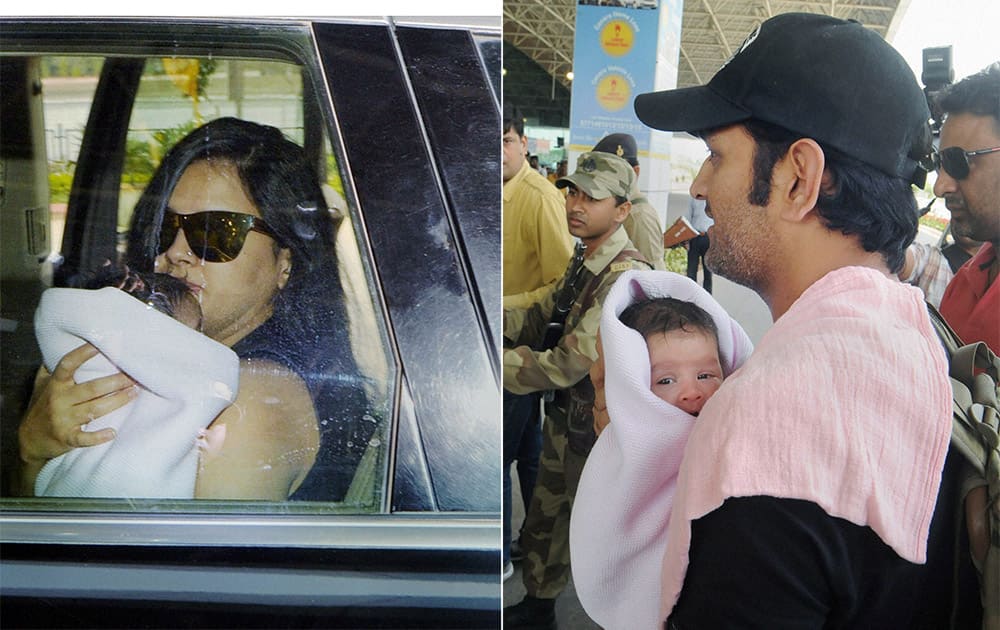 Mahendra Singh Dhoni and his wife Sakshi Singh with their infant daughter at Birsa Munda International Airport, Hinoo in Ranchi.