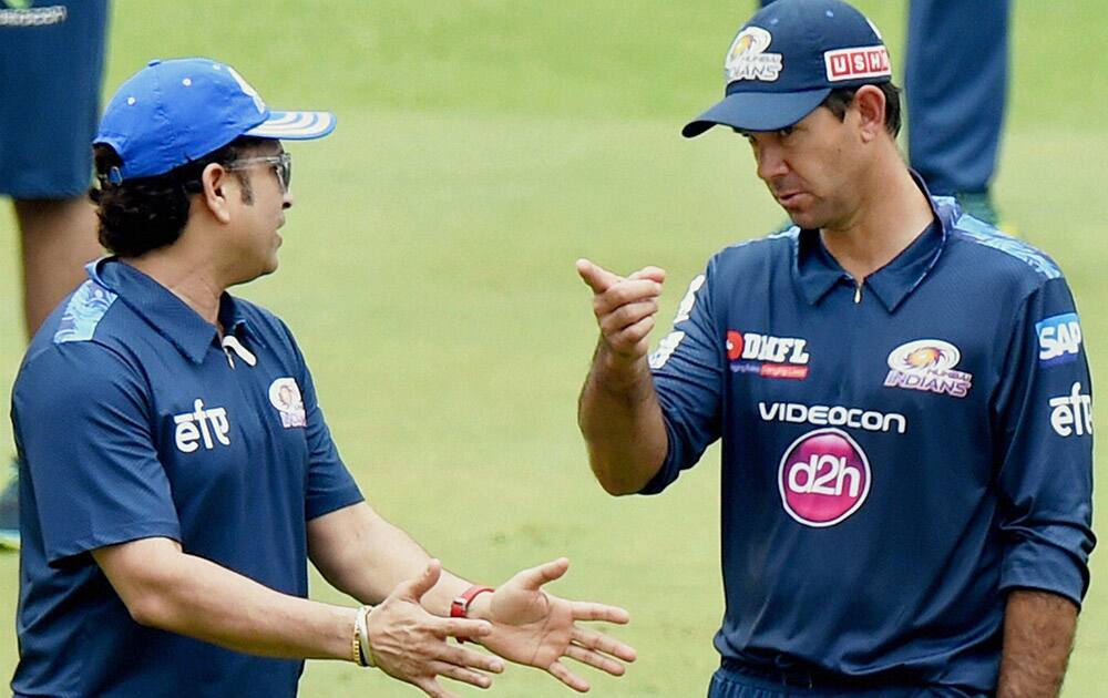 Mumbai Indians icon Sachin Tendulkar and coach Ricky Ponting during a training session at Eden Garden in Kolkata.