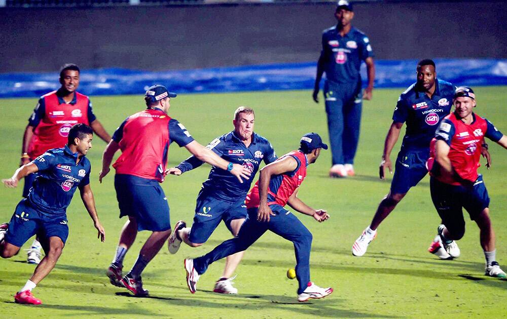 Mumbai Indian cricketers during a training session at Eden Garden in Kolkata ahead of their IP match against KKR. 