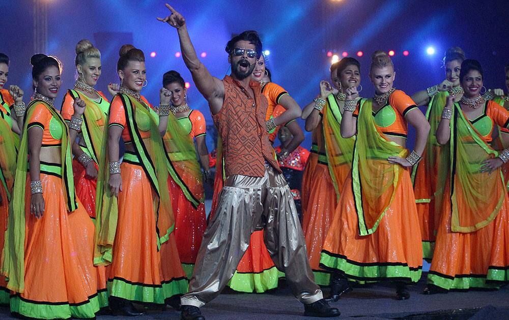 Bollywood Actor Shahid Kapoor performs during the Pepsi IPL 2015 opening night event at the Salt Lake Stadium in Kolkata.