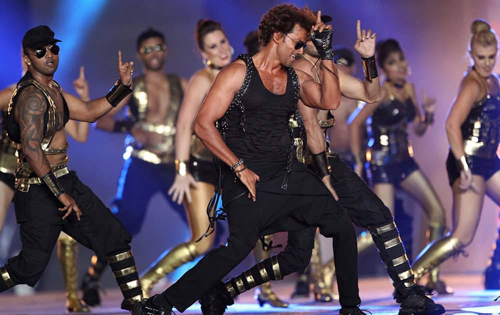 Bollywood Actor Hritik Roshan performs during the Pepsi IPL 2015 opening night event at the Salt Lake Stadium in Kolkata.