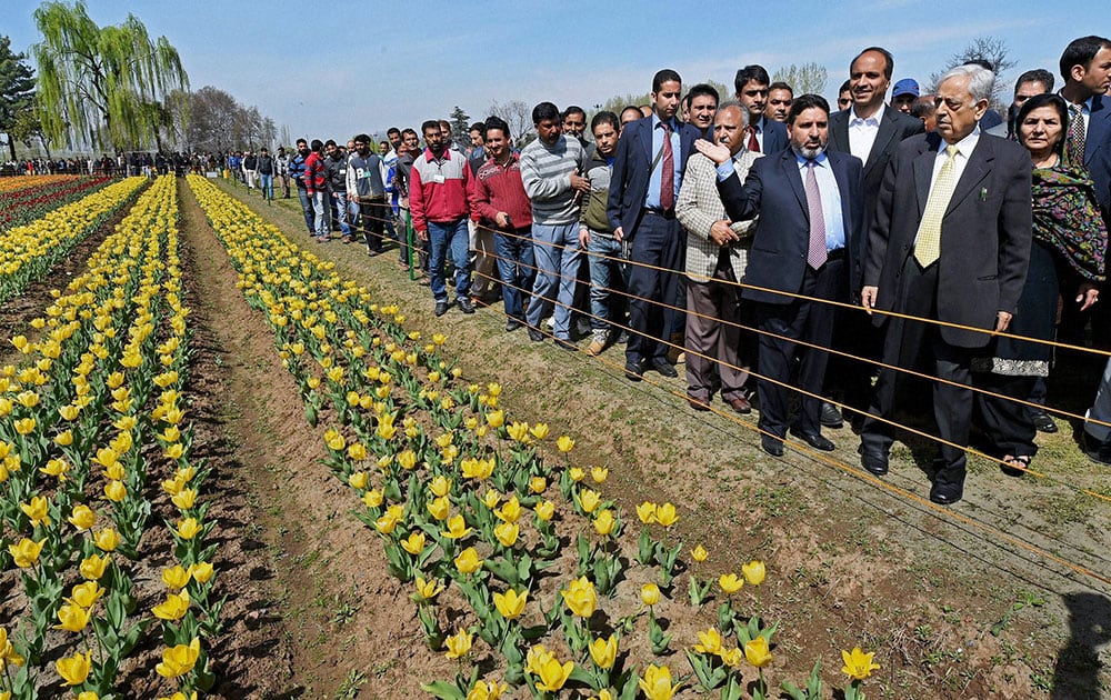 Jammu and Kashmir Chief Minister Mufti Mohammad Sayeed with wife take a round of Asias largest Tulip garden after it was opened for public viewing.