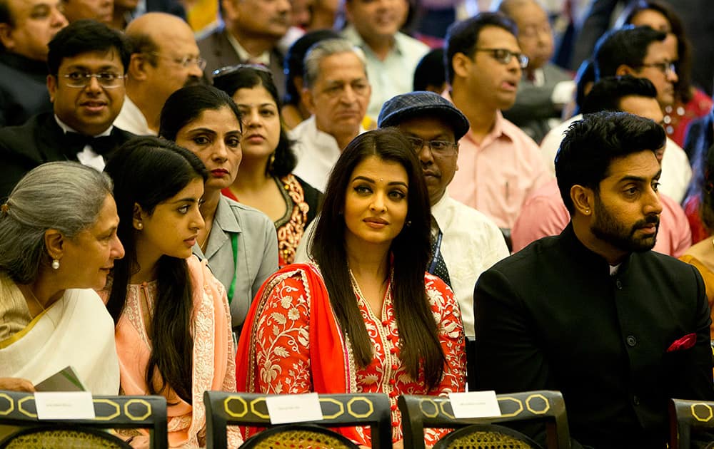 Jaya Bachchan, daughter Shweta Nanda, daughter-in-law Aishwarya Rai Bachchan and son Abhishek Bachchan attend a civil investiture ceremony where Amitabh Bachchan received the Padma Vibhushan at the presidential palace in New Delhi.