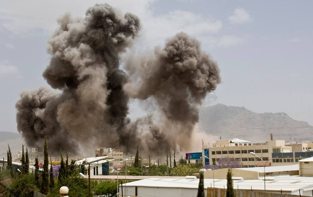 Smoke billows from a Saudi-led airstrike on Sanaa, Yemen