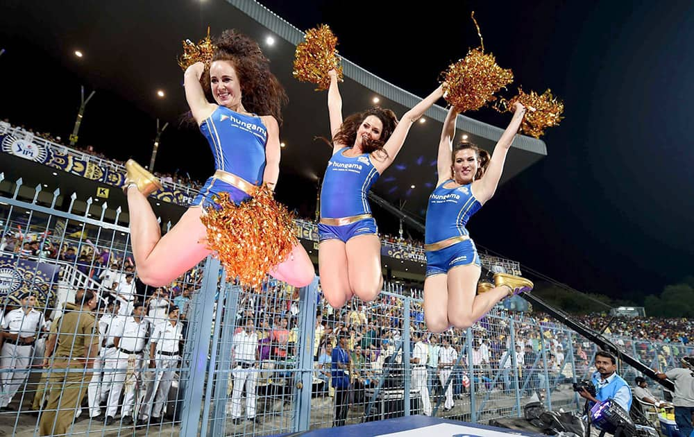 Cheerleaders of Mumbai Indians perform during their IPL 2015 match against KKR at Eden Garden in Kolkata.